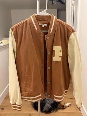 PacSun Brown and Cream Striped-Collar Varsity Jacket XS/S